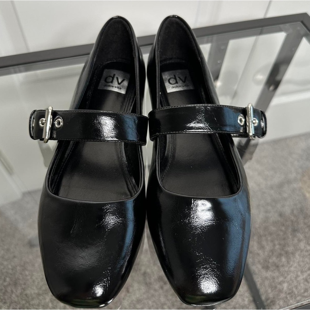 NWT Dolce Vita Patent Leather Mellie silver buckle flats black womens 9.5